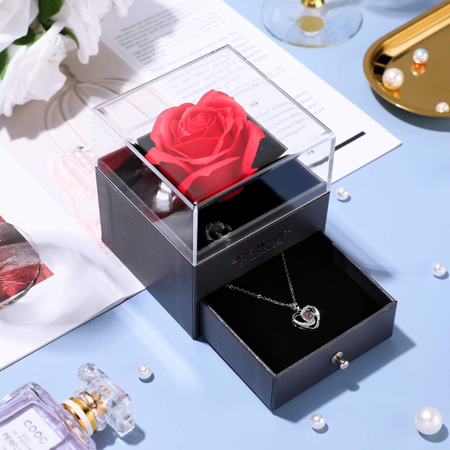 Collar de proyección 'Te Amo' en 100 idiomas con caja de regalo de rosa